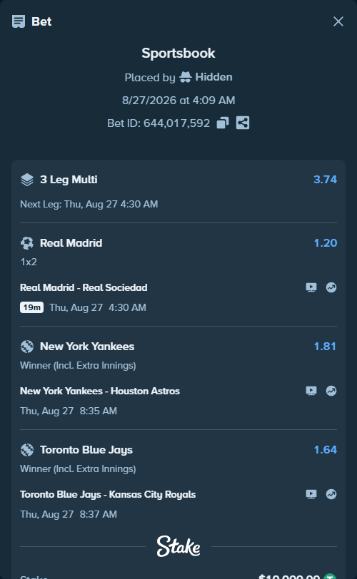 Bet slip: Toronto Blue Jays - Kansas City Royals, $10,000.00 stake at 1.64 odds, placed by Hidden