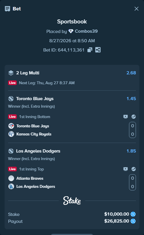 Bet slip: Toronto Blue Jays - Kansas City Royals, $10,000.00 stake at 1.45 odds, placed by Combos39