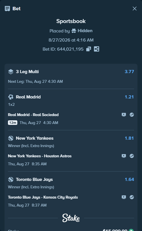 Bet slip: Toronto Blue Jays - Kansas City Royals, $15,000.00 stake at 1.64 odds, placed by Hidden