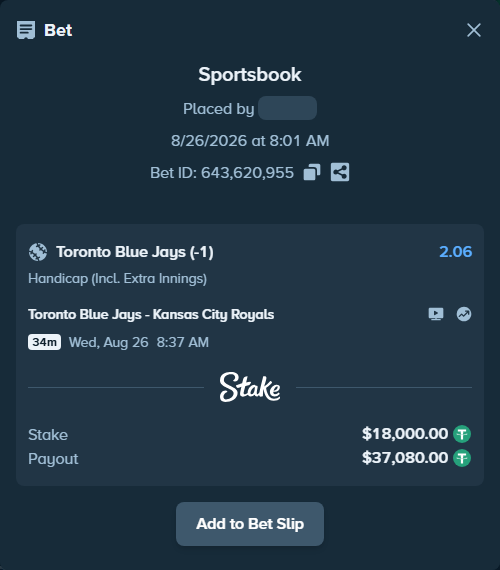 Bet slip: Toronto Blue Jays - Kansas City Royals, $18,000.00 stake at 2.06 odds, placed by Grupotheking
