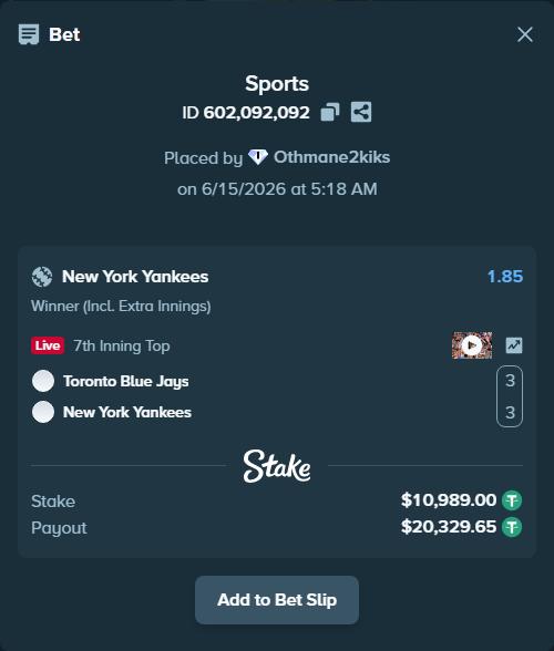Bet slip: Toronto Blue Jays - New York Yankees, $10,999.99 stake at 1.85 odds, placed by Othmane2kiks