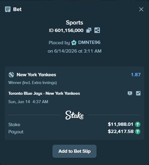 Bet slip: Toronto Blue Jays - New York Yankees, $12,000.00 stake at 1.87 odds, placed by DMNTE96