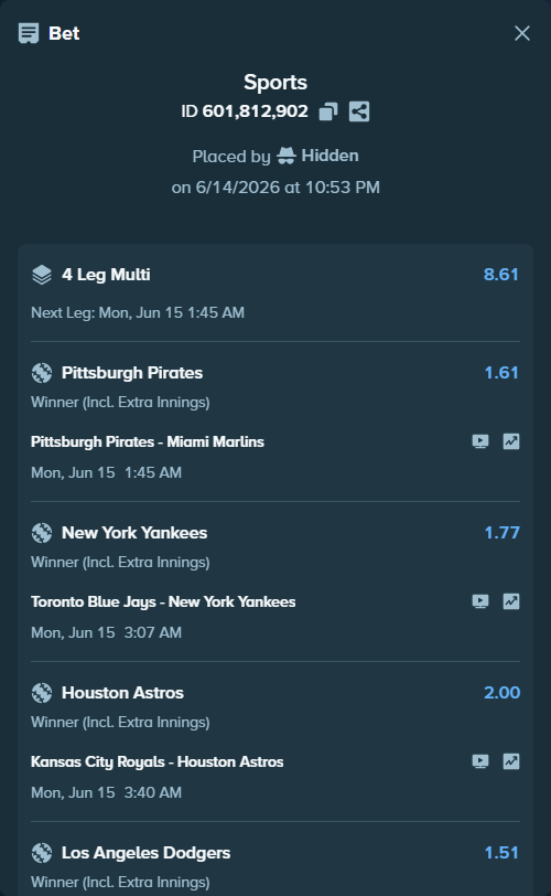 Bet slip: Toronto Blue Jays - New York Yankees, $19,819.80 stake at 1.77 odds, placed by Hidden