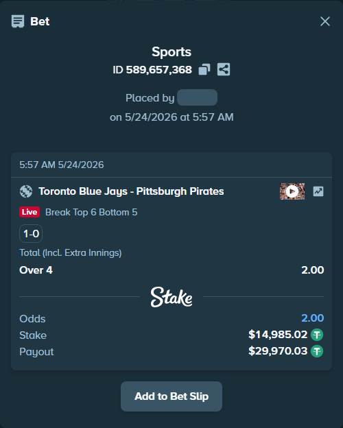 Bet slip: Toronto Blue Jays - Pittsburgh Pirates, $15,000.00 stake at 2.00 odds, placed by ArtTema