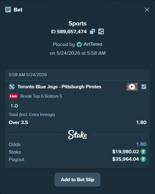 Bet slip: Toronto Blue Jays - Pittsburgh Pirates, $20,000.00 stake at 1.80 odds, placed by ArtTema