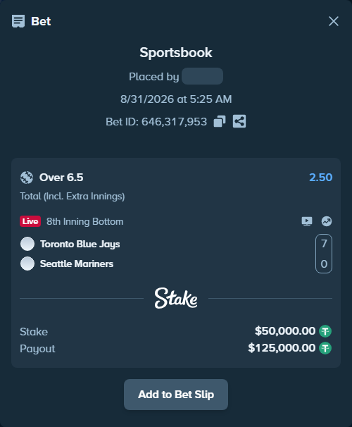 Bet slip: Toronto Blue Jays - Seattle Mariners, $50,000.00 stake at 2.50 odds, placed by ayoflasher