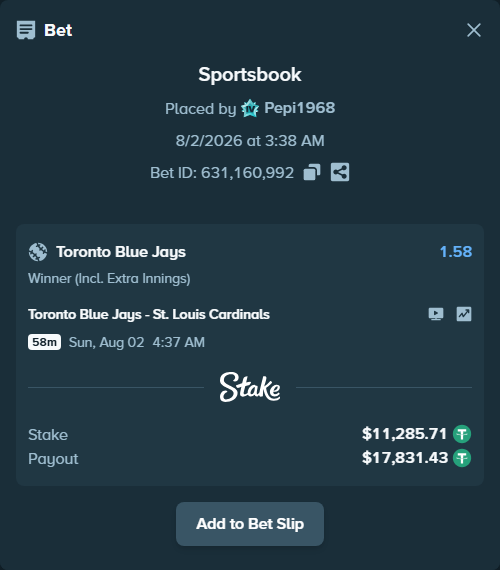 Bet slip: Toronto Blue Jays - St. Louis Cardinals, $11,297.00 stake at 1.58 odds, placed by Pepi1968