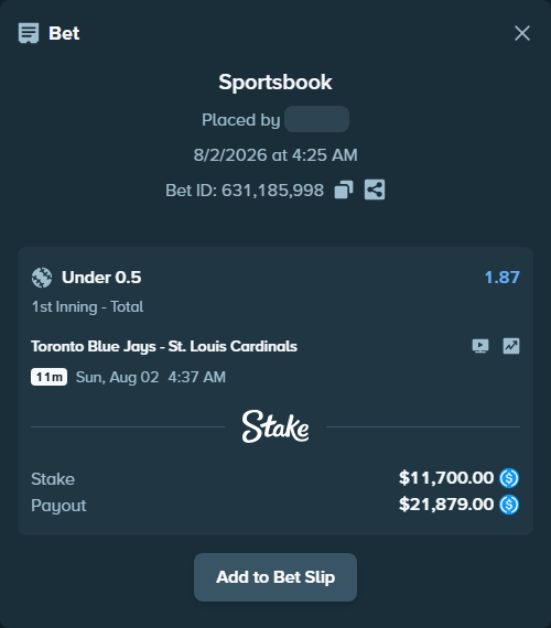 Bet slip: Toronto Blue Jays - St. Louis Cardinals, $11,700.00 stake at 1.87 odds, placed by Marvin123421