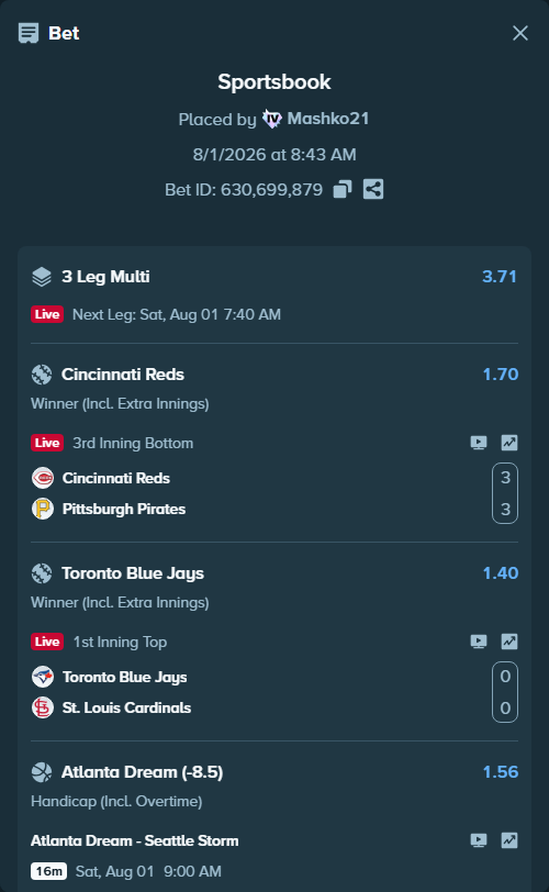 Bet slip: Toronto Blue Jays - St. Louis Cardinals, $57,553.24 stake at 1.40 odds, placed by Mashko21