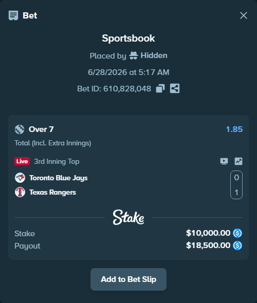 Bet slip: Toronto Blue Jays - Texas Rangers, $10,000.00 stake at 1.85 odds, placed by Hidden