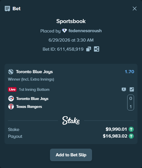 Bet slip: Toronto Blue Jays - Texas Rangers, $10,000.00 stake at 1.70 odds, placed by fadennesaroush