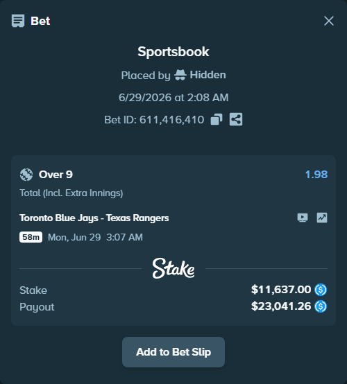 Bet slip: Toronto Blue Jays - Texas Rangers, $11,637.00 stake at 1.98 odds, placed by Hidden