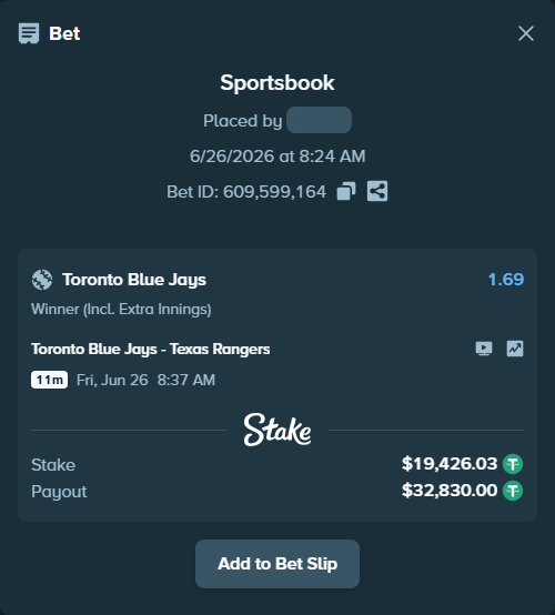 Bet slip: Toronto Blue Jays - Texas Rangers, $19,445.46 stake at 1.69 odds, placed by 토사장체크카드