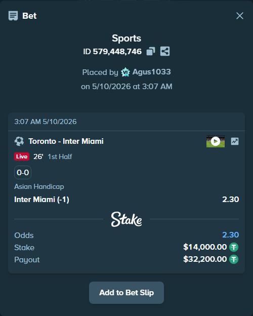 Bet slip: Toronto - Inter Miami, $14,000.00 stake at 2.30 odds, placed by Agus1033