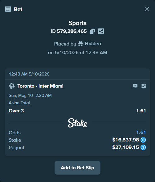 Bet slip: Toronto - Inter Miami, $16,837.98 stake at 1.61 odds, placed by Hidden