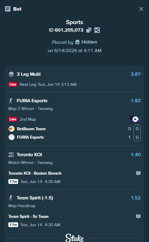 Bet slip: Toronto KOI - Boston Breach, $206,800.30 stake at 1.40 odds, placed by Hidden