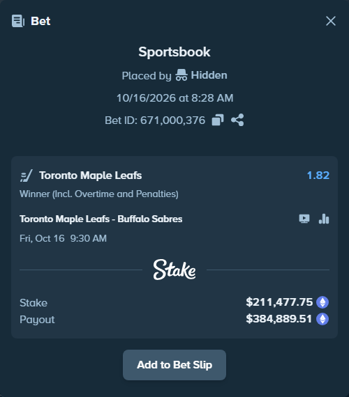Bet slip: Toronto Maple Leafs - Buffalo Sabres, $210,745.94 stake at 1.82 odds, placed by Hidden