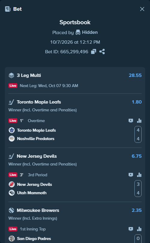 Bet slip: Toronto Maple Leafs - Nashville Predators, $10,000.00 stake at 1.80 odds, placed by Hidden