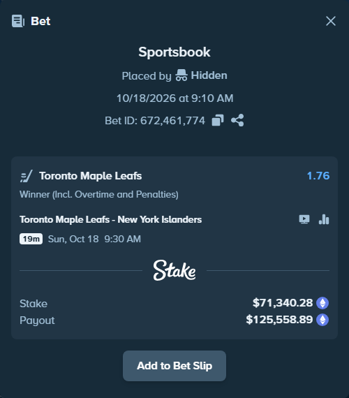 Bet slip: Toronto Maple Leafs - New York Islanders, $71,933.20 stake at 1.76 odds, placed by Hidden