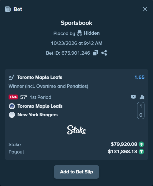 Bet slip: Toronto Maple Leafs - New York Rangers, $80,000.00 stake at 1.65 odds, placed by BetlikeaKing