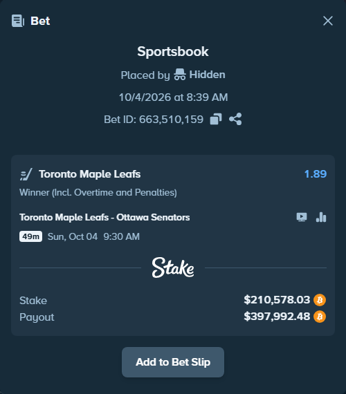 Bet slip: Toronto Maple Leafs - Ottawa Senators, $210,764.97 stake at 1.89 odds, placed by XposedTwirch