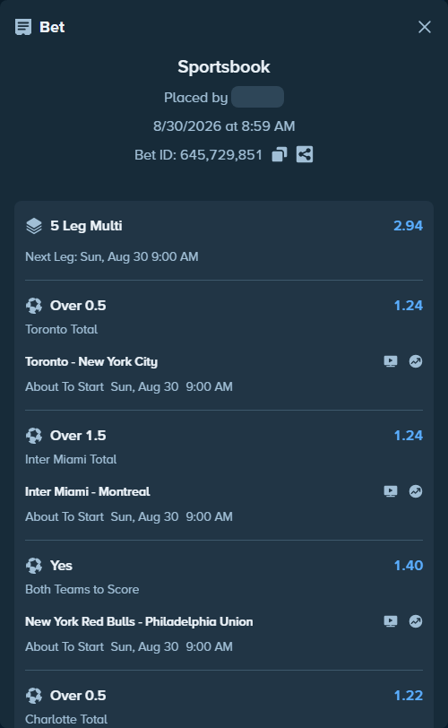 Bet slip: Toronto - New York City, $15,000.00 stake at 1.24 odds, placed by RichHalif