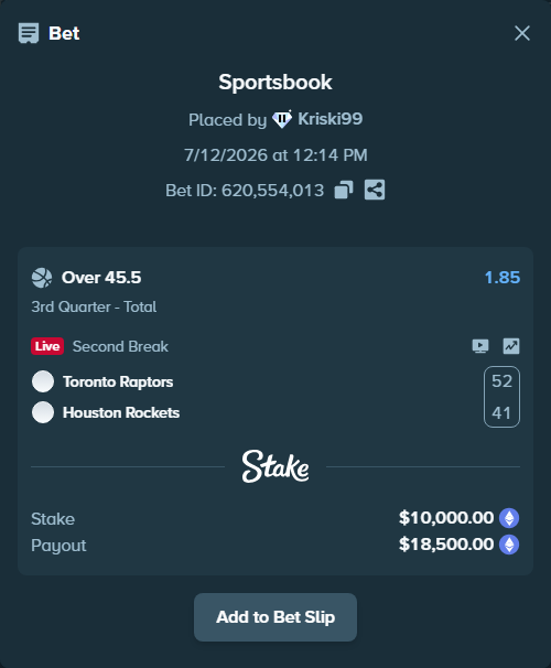 Bet slip: Toronto Raptors - Houston Rockets, $10,541.70 stake at 1.85 odds, placed by Kriski99