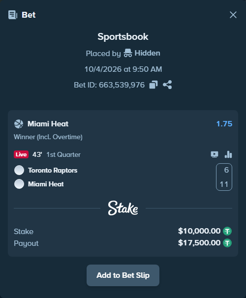 Bet slip: Toronto Raptors - Miami Heat, $10,000.00 stake at 1.75 odds, placed by YasutakaNakano