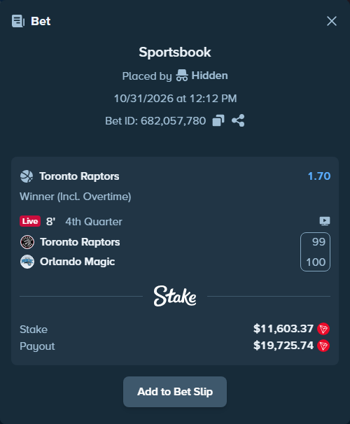 Bet slip: Toronto Raptors - Orlando Magic, $11,302.33 stake at 1.70 odds, placed by Hidden