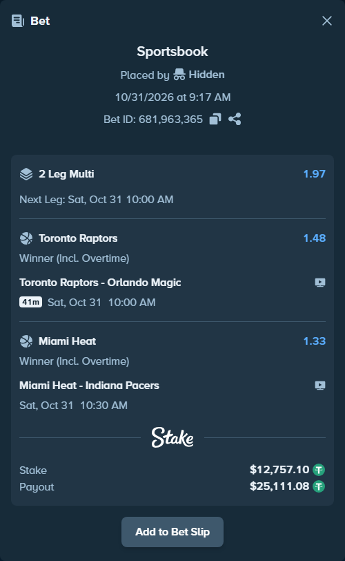 Bet slip: Toronto Raptors - Orlando Magic, $12,769.86 stake at 1.48 odds, placed by Hidden