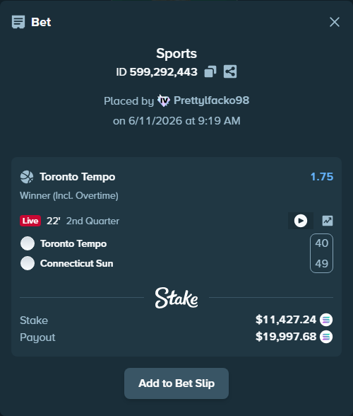Bet slip: Toronto Tempo - Connecticut Sun, $13,287.76 stake at 1.75 odds, placed by Prettylfacko98