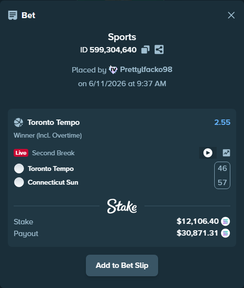 Bet slip: Toronto Tempo - Connecticut Sun, $14,059.72 stake at 2.55 odds, placed by Prettylfacko98