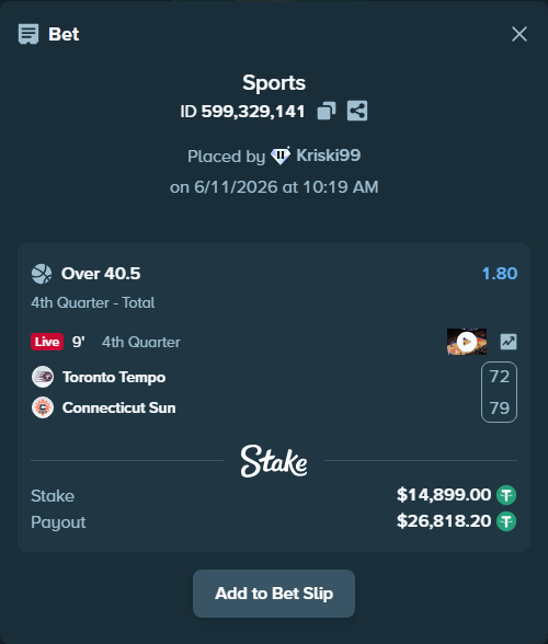 Bet slip: Toronto Tempo - Connecticut Sun, $14,913.90 stake at 1.80 odds, placed by Kriski99