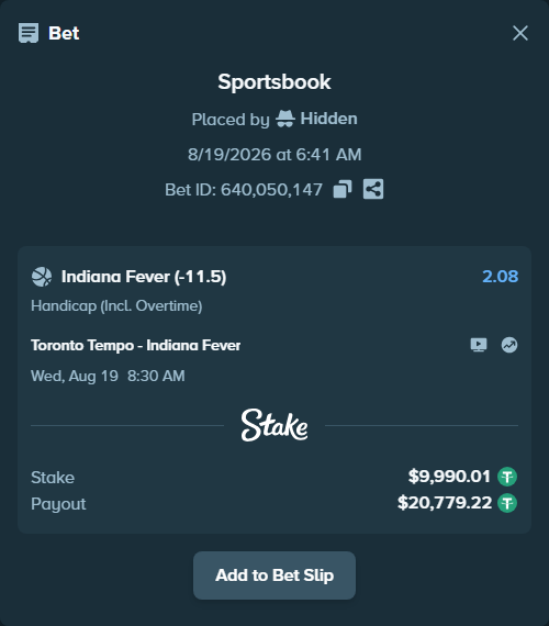 Bet slip: Toronto Tempo - Indiana Fever, $10,000.00 stake at 2.08 odds, placed by Hidden