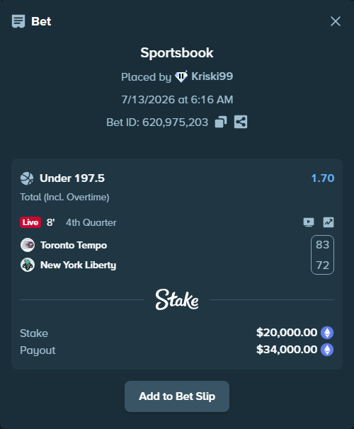 Bet slip: Toronto Tempo - New York Liberty, $20,912.17 stake at 1.70 odds, placed by Kriski99