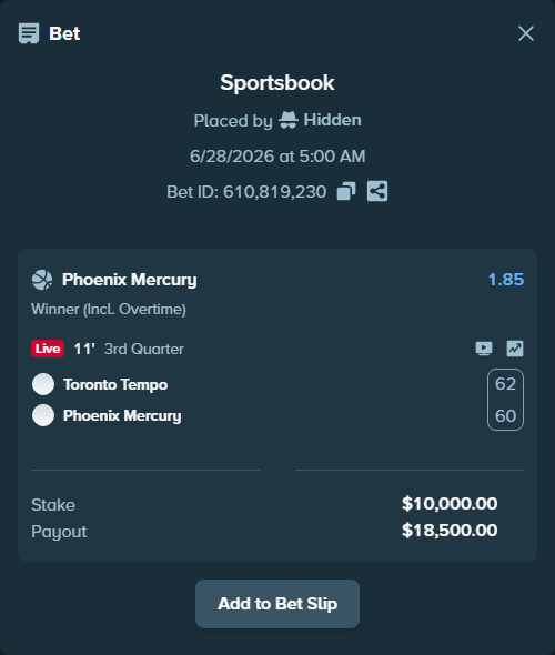 Bet slip: Toronto Tempo - Phoenix Mercury, $10,000.00 stake at 1.85 odds, placed by Hidden
