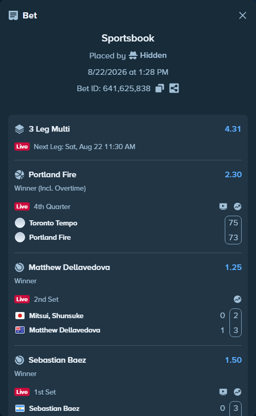 Bet slip: Toronto Tempo - Portland Fire, $10,000.00 stake at 2.30 odds, placed by Hidden