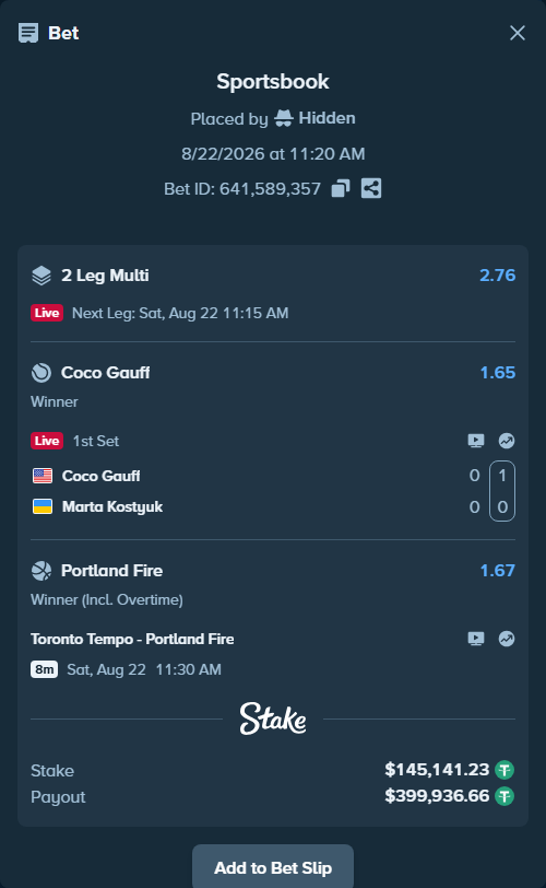 Bet slip: Toronto Tempo - Portland Fire, $145,141.23 stake at 1.67 odds, placed by Hidden