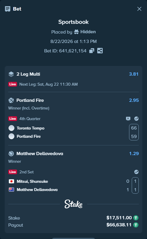 Bet slip: Toronto Tempo - Portland Fire, $17,511.00 stake at 2.95 odds, placed by Hidden