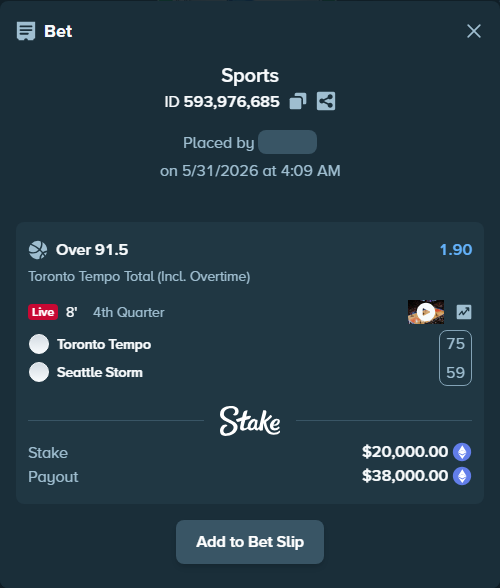 Bet slip: Toronto Tempo - Seattle Storm, $17,145.49 stake at 1.90 odds, placed by azosuka