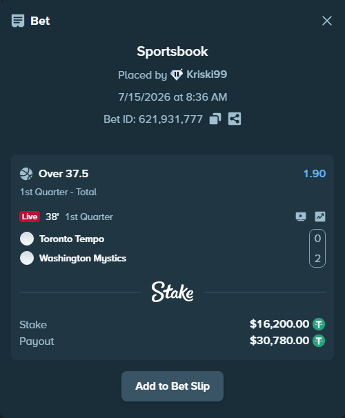 Bet slip: Toronto Tempo - Washington Mystics, $16,216.20 stake at 1.90 odds, placed by Kriski99