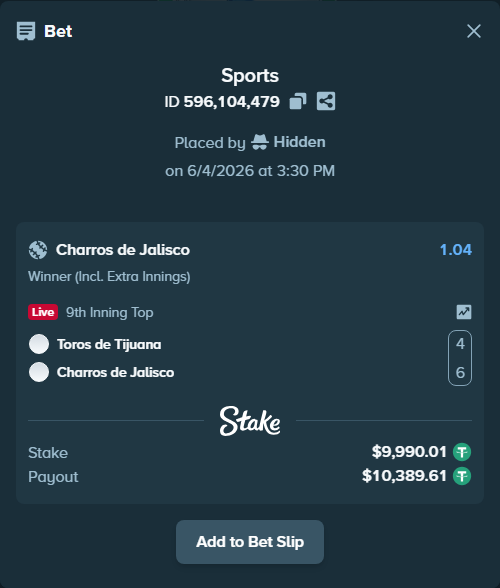 Bet slip: Toros de Tijuana - Charros de Jalisco, $10,000.00 stake at 1.04 odds, placed by Hidden
