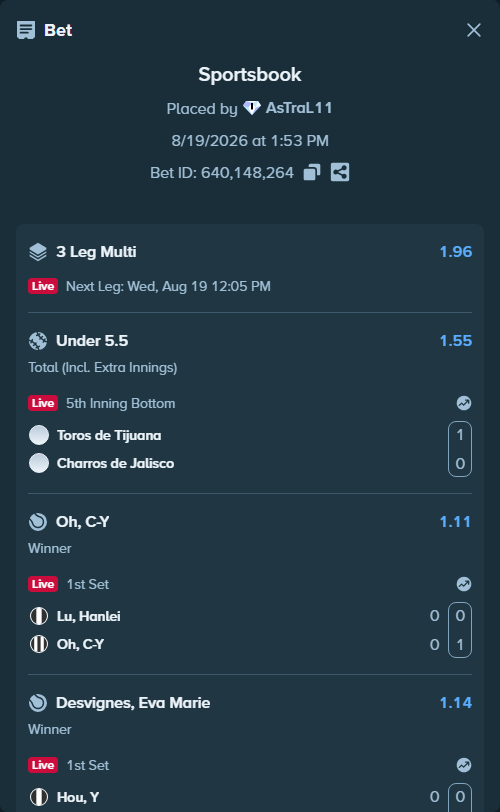 Bet slip: Toros de Tijuana - Charros de Jalisco, $10,810.80 stake at 1.55 odds, placed by AsTraL11