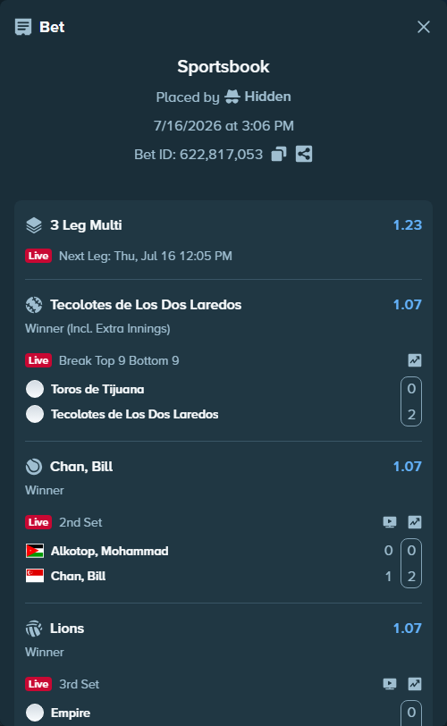 Bet slip: Toros de Tijuana - Tecolotes de Los Dos Laredos, $16,000.00 stake at 1.07 odds, placed by Hidden
