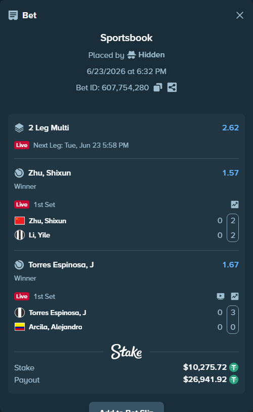 Bet slip: Torres Espinosa, J - Arcila, Alejandro, $10,286.00 stake at 1.67 odds, placed by Hidden