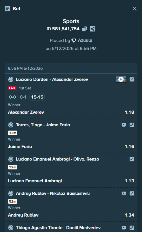 Bet slip: Torres, Tiago - Jaime Faria, $135,395.29 stake at 1.16 odds, placed by Azuulu