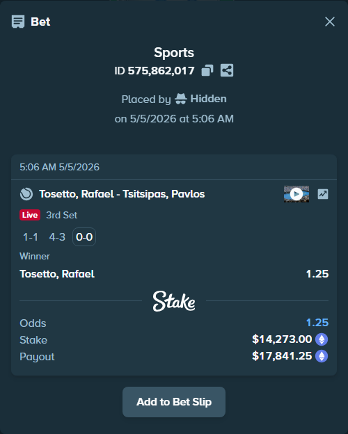 Bet slip: Tosetto, Rafael - Tsitsipas, Pavlos, $10,511.04 stake at 1.25 odds, placed by Hidden