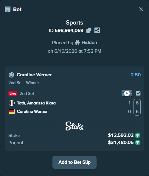 Bet slip: Toth, Amarissa Kiara - Caroline Werner, $12,604.61 stake at 2.50 odds, placed by Hidden