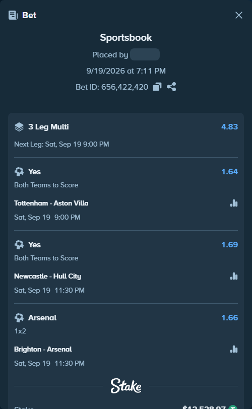 Bet slip: Tottenham - Aston Villa, $12,528.97 stake at 1.64 odds, placed by Tibgfna
