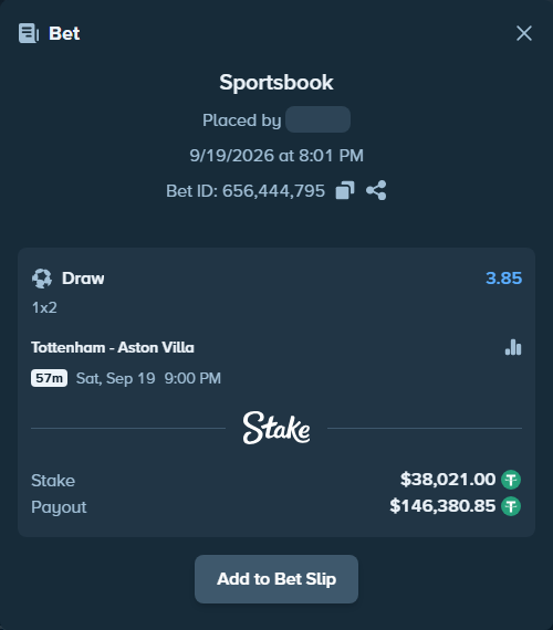 Bet slip: Tottenham - Aston Villa, $38,021.00 stake at 3.85 odds, placed by Christianazar